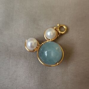 Gold Pearl and Aquamarine Stone Pendant - Blue